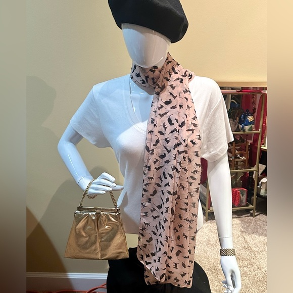 🌟HP🌟VTG 1990s Oversized Pink Chiffon Black Cat Scarf Shawl - Picture 2 of 8
